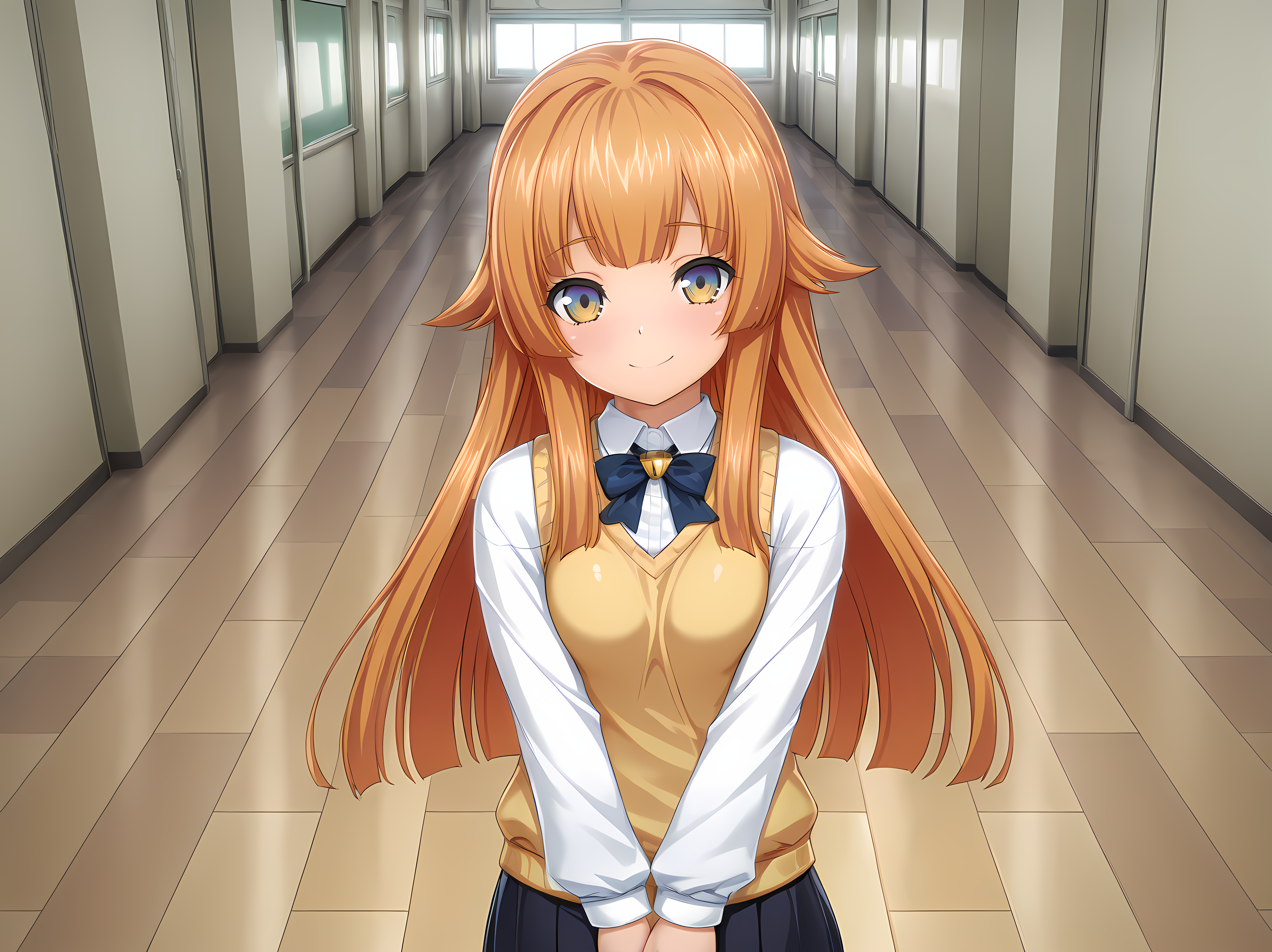 <lora:Yuri_Amakubo_-_Exstia_Illustrious:1>,1girl,yuri amakubo,yellow eyes,multicolored eyes,cowboy shot,smile,breasts,indoors,orange hair,small breasts,school uniform,, masterpiece,best quality,amazing quality,