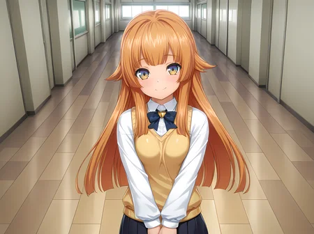<lora:Yuri_Amakubo_-_Exstia_Illustrious:1>,1girl,yuri amakubo,yellow eyes,multicolored eyes,cowboy shot,smile,breasts,indoors,orange hair,small breasts,school uniform,, masterpiece,best quality,amazing quality,