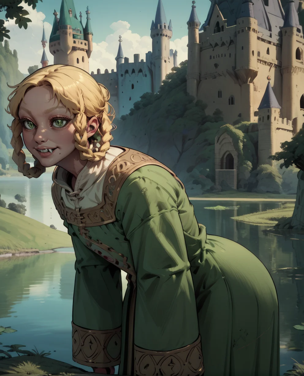 score_9,score_8_up,score_7_up,
ryazorayas,blonde hair,hair rings,twin braids,green eyes,bad_posture,slit pupils,light smile,
green dress,long sleeves,standing,solo, fang,
leaning forward,from side,
lake,castle,<lora:RyaZorayasXL-ER11:1>,