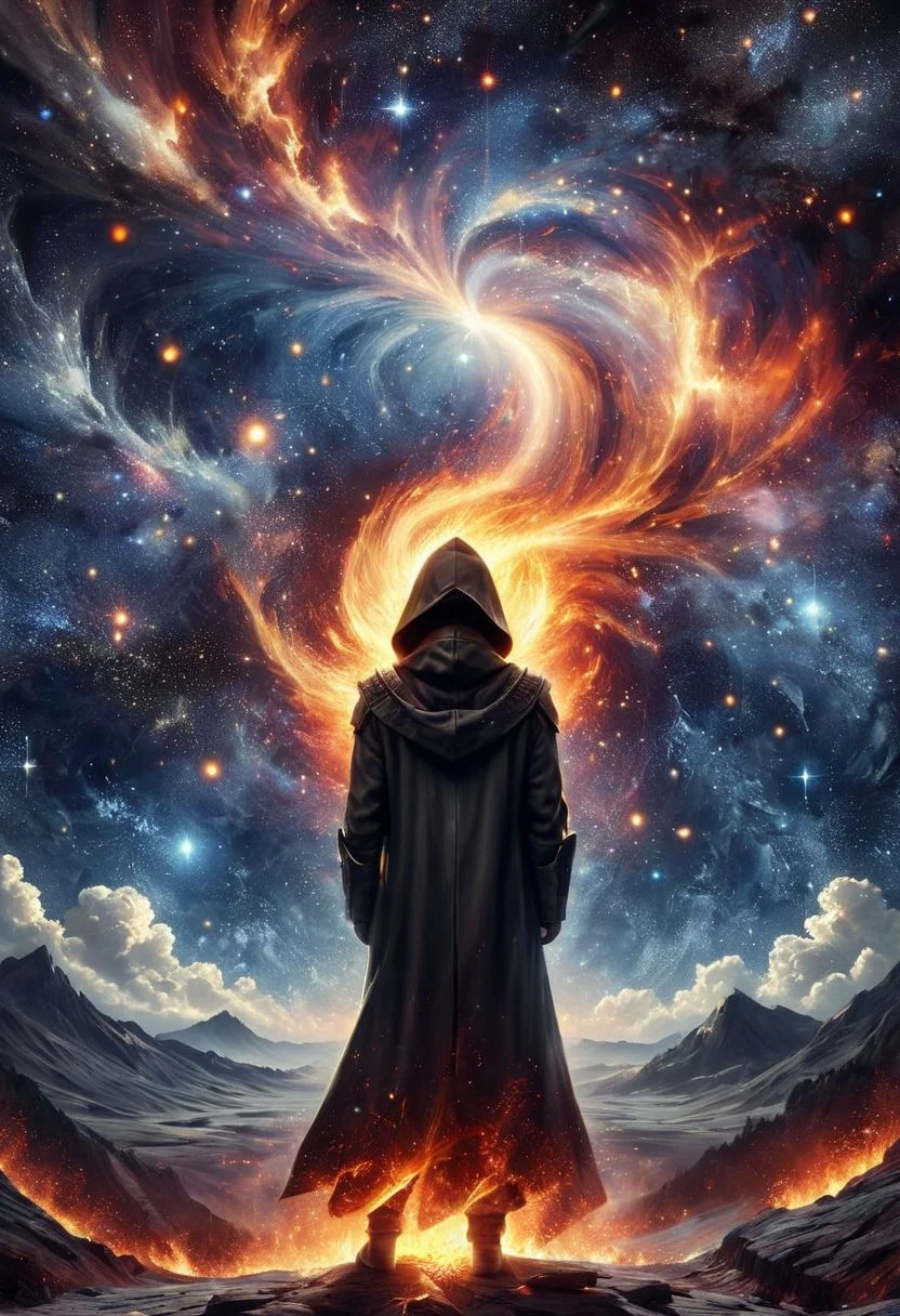 Illustration of a sensual etheral woman standing in a hellish island landscape with dark colours, canvas hood, starry sky, fire, cracked, surrealism. OverallDetail, ais-particlez, elemental, fire, earth