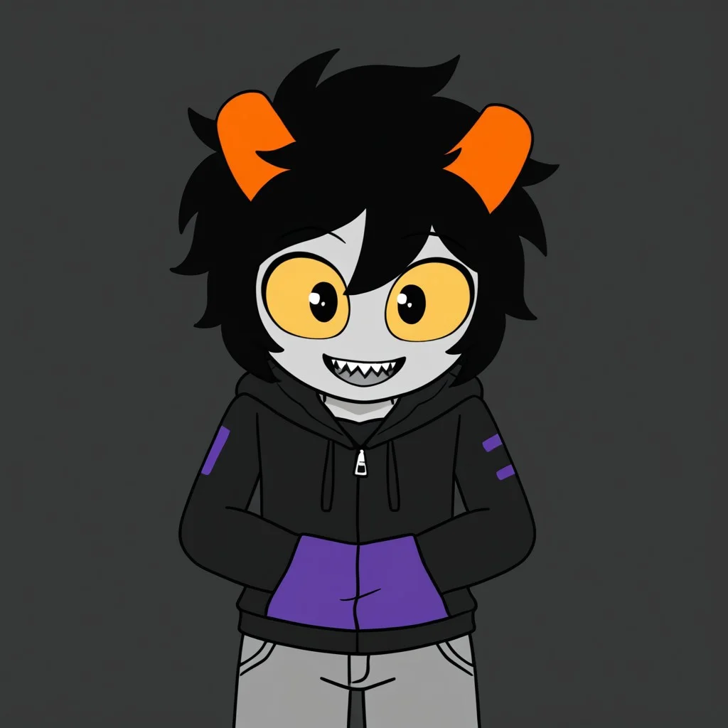 score_5, score_4_up,
BREAK,
1boy, gimzet, grey skin, yellow sclera, black hair, horns, colored skin, open mouth, yellow eyes, hood, jacket, hoodie, pants, solo, male focus, simple background, sharp teeth, colored sclera, teeth, grey pants, smile, looking at viewer, black eyes, purple hoodie pockets,
BREAK,
three quarter view,
BREAK,
shading,