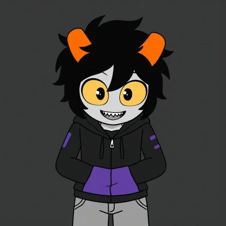 score_5, score_4_up, 
BREAK,
1boy, gimzet, grey skin, yellow sclera, black hair, horns, colored skin, open mouth, yellow eyes, hood, jacket, hoodie, pants, solo, male focus, simple background, sharp teeth, colored sclera, teeth, grey pants, smile, looking at viewer, black eyes, purple hoodie pockets, 
BREAK,
three quarter view, 
BREAK,
shading,