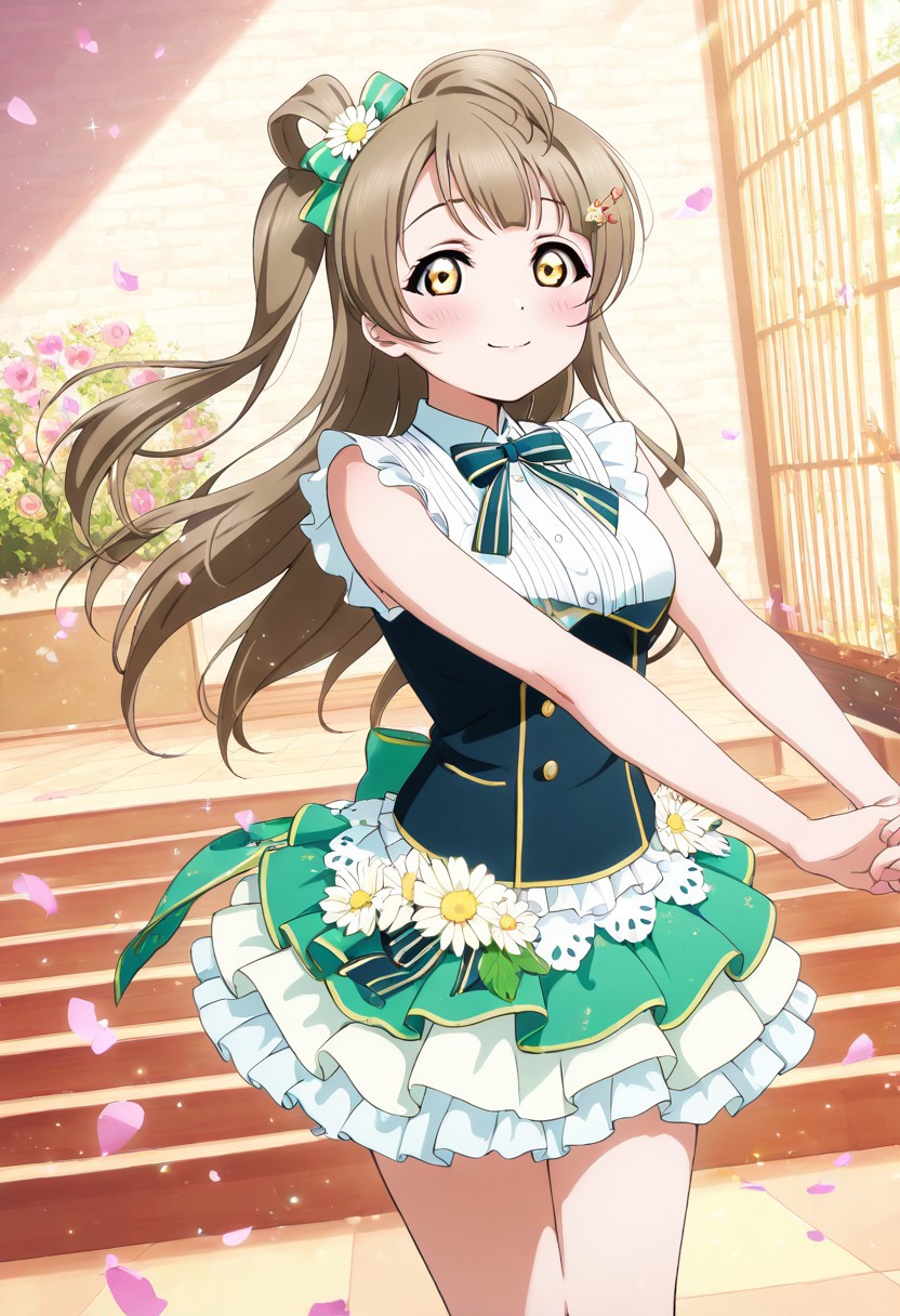 masterpiece, best quality, solo, 1girl, aged up, happy,
 kotori_minami, minami_kotori, grey hair, brown eyes, one side up, long hair, hair ribbon, ribbon, spring-themed idol outfit, floral patterns, petal-layered skirt, bird-shaped hair clip, soft green and blush palette, garden stage surrounded by tulips, pastel lighting, birdcage props, soft breeze, cheerful and gentle smile