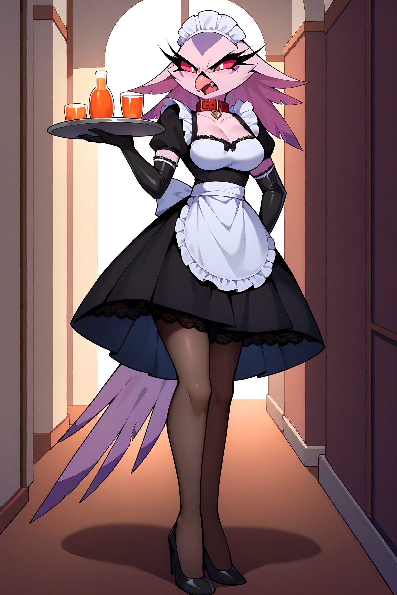 solo, female, anthro, stella,<lora:Stella_PDXL_V2_epoch_2:1>, beak, female, pinup, (maid uniform, collar, lace, skirt, high heels, pantyhose, elbow gloves, holding serving tray, cute fangs:1.2), (angry:1.2), (determined expression:0.7), hallway, nigh time, score_9, score_8_up, score_7_up, score_6_up, score_5_up, score_4_up, rating_explicit, source_furry