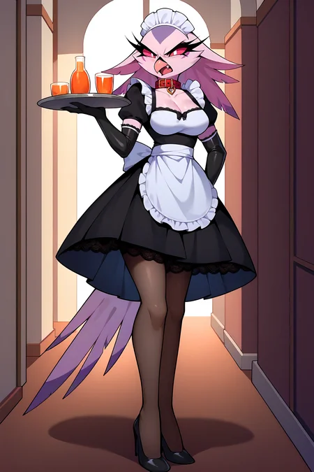 solo, female, anthro, stella,<lora:Stella_PDXL_V2_epoch_2:1>, beak, female, pinup, (maid uniform, collar, lace, skirt, high heels, pantyhose, elbow gloves, holding serving tray, cute fangs:1.2), (angry:1.2), (determined expression:0.7), hallway, nigh time, score_9, score_8_up, score_7_up, score_6_up, score_5_up, score_4_up, rating_explicit, source_furry