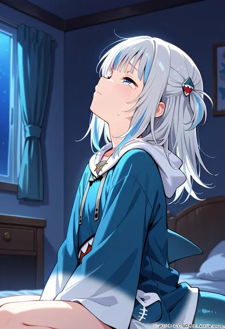 1girl, solo, blue hoodie, shark print, shark hair ornament, two side up, wide sleeves, drawstring, grey hair, streaked hair, blue eyes, shark tail, closed eyes, streaming, bedroom, night, crying, tears, sad, mouth open, facing up, BREAK indoors, sitting, front-side view, upper body, portrait, BREAK ((ultra-detailed)), ((best quality)), ((beautiful eyes)), ((extremely detailed)), 4K, (8K), best quality, (beautiful), Master piece, highres, best quality, official art, highres, masterpiece, detailed background, high quality background