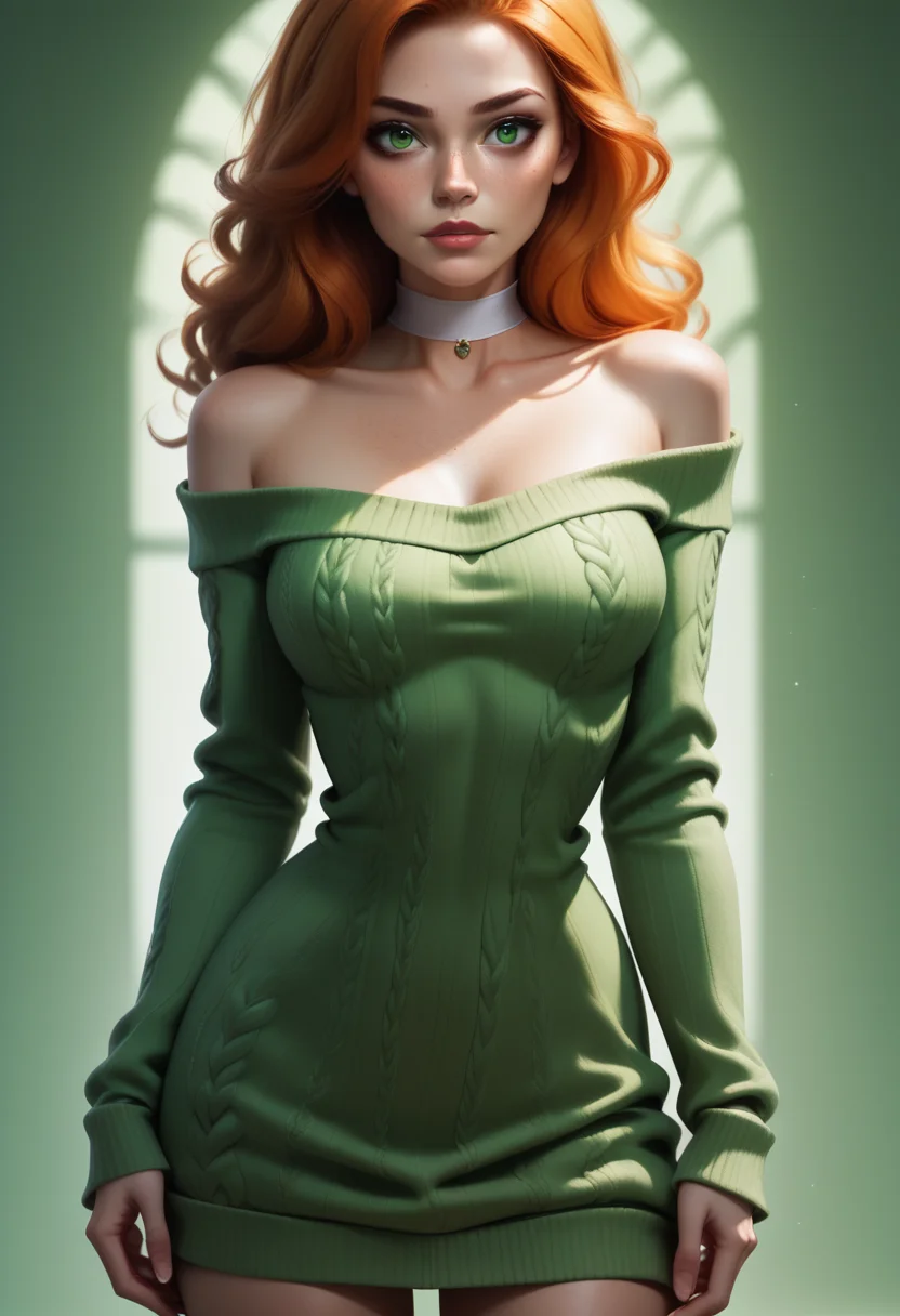 score_9, score_8_up, score_7_up,
1girl, solo, cowboy shot, sexy sweater dress, green dress, scoop neck, long sleeves, bare shoulders, white choker,
<lora:Dark_Erin_Pony_v0.1:0.5> d4rk3r1n, orange hair, green eyes,