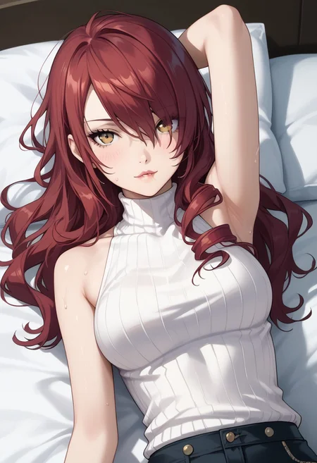 masterpiece,best quality, highly detailed, score_9, score_8_up, score_7_up, score_6_up, source_cartoon, p3mitsuru, kirijou mitsuru, long hair, red hair, hair over one eye,
 BREAK
 BREAK
1girl, close-up, dim lighting, large breasts, wet skin, flushed cheeks, messy hair, sweaty, sensual expression, biting lip, detailed textures, glossy liquid, raw emotion, explicit focus, eye contact, erotic tension, intimate atmosphere, laying on bed, on back,, hair in face, looking at viewer, arms behind head, close-up, skin-tight, fancy bedroom, lying on back on bed, lying on pillow
 BREAK
dynamic light, cold_light, vibrant colors cold_colors, soft focus, high contrast, textured surfaces, depth of field, rgb lighting, dramatic shadows, rich details, blue color palette, playful composition.
,dynamic angle,dynamic light,background,
p3mitsuru-sumcas, turtleneck, sleeveless turtleneck, sleeveless, ribbed turtleneck, bare shoulders, pants, black pants, capri pants, casual, high heels