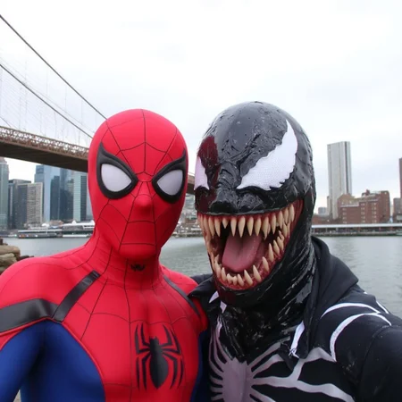 Spider-Man and Venom taking a selfie together, in front of th Brooklyn Bridge, taken by Kodak MC3 camera