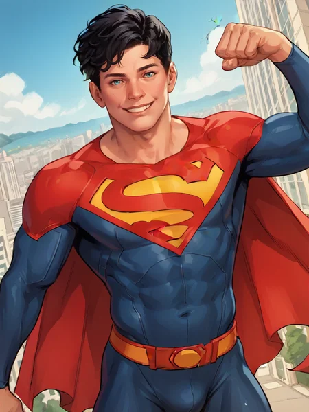cowboy shot of J_kent man, black hair, blue eyes, smiling, looking at viewer, flexing, <lora:Jon_Kent_Superboy:.8> bodysuit, superhero, city background, score_9, score_8_up, score_7_up, <lora:Smooth Anime 2 Style SDXL_LoRA_Pony Diffusion V6 XL:.3> <lora:add-detail-xl:.8> zPDXL3,