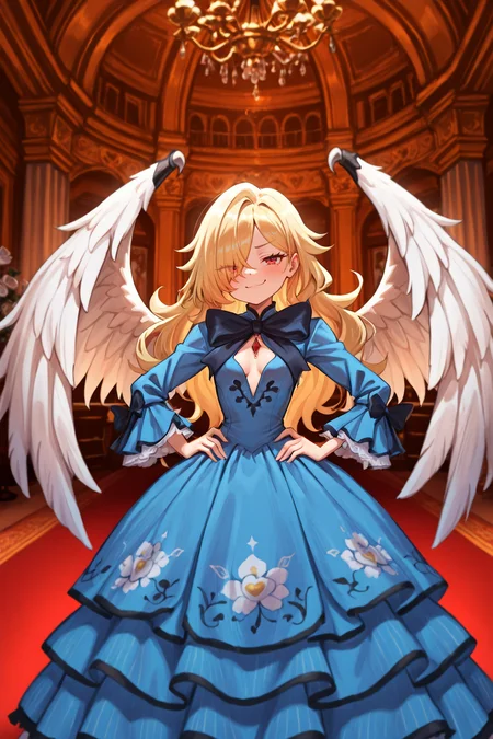 masterpiece, very aesthetic, absurdres, best quality, amazing quality, high resolution, <lora:illustrious_quality_modifiers_masterpieces_v1:0.8> , <lora:ChamIllustriousBackgroundEnhancer:0.5>,  solo,  <lora:No._367IL:0.8> , thrdef, 1girl, blonde hair, long hair, hair over one eye, red eyes, wings, white wings, feathered wings, center opening, interior, ballroom, chandelier, smile, smug, hands on hips, <lora:longalicedressILL:0.7> , la dress, flower, blue dress, heart, bow,