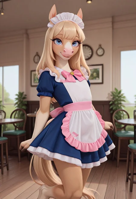 masterpiece, best quality, amazing quality, very aesthetic, high resolution, ultra-detailed, absurdres, scenery, photorealistic, furry,
(anthro), solo, velvetsugarhooves, petite, intersex horse, thick_neck, long legs, mane, hooved fingers, pink nose, horse_tail, big blue eyes, tan fur, blonde hair, flat chest, long eyelashes, cute, kawaii, bangs, hooves, standing, dynamic pose, kicking one leg up in the air behind her,
maid headdress, apron, blue dress, frills, short sleeves, pink bow, cafe, inside, looking at viewer, happy, cowboy shot,
BREAK, depth of field, detailed fluffy fur, photorealistic details