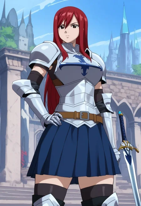 safe_pos, (score_9, score_8_up, score_7_up, high quality, best quality, ultra-detailed, very aesthetic, illustration, perfect composition, intricate details, absurdres, high res image, masterpiece, vibrant colors, beautiful face, detailed face, 1girl, solo focus, perfect eyes, detailed eyes), erza scarlet, Erza_Scarlet, long hair, red hair, hair between eyes, brown eyes, pale skin, thighs, perfect body, voluptuous, large breasts, curvy body, narrow-waisted, wide hips, (skirt, thighhighs, boots, belt, sword, armor, gauntlets, armored boots, greaves, knight), (neutral face, hand on hip), (fantasy, outdoors, castle)
