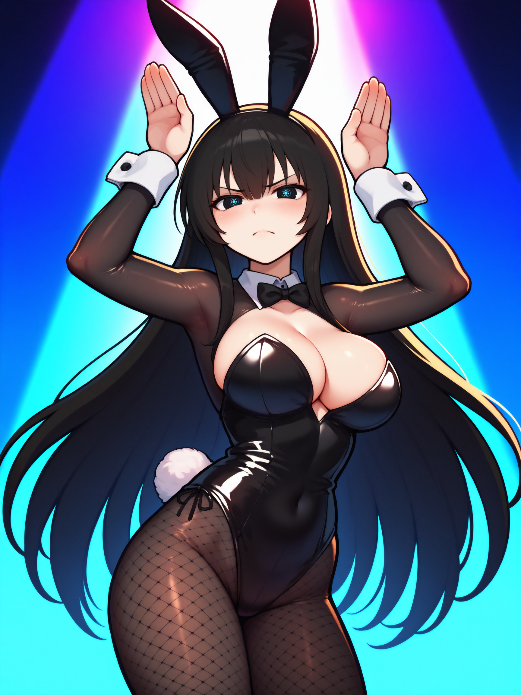 masterpiece, best quality, amazing quality, by asukaln
(solo:1.4), Kagura_IL, black hair, long hair, large eye iris, black eye iris, (blue:1.4) pattern on iris, large breasts, Bunny Suit, black Bodysuit, Bunny Ears, Bunny Tail, Cuffs, Bow Tie, fishnet stockings
serious expression, banny pose, rabbit pose, incredible lighting, iconic scene, cinematic, brushstroke \(medium\)
<lora:Mystyle_SDXL_LoCon_DORA_v2:1>
<lora:SK_Kagura_IL:0.6>