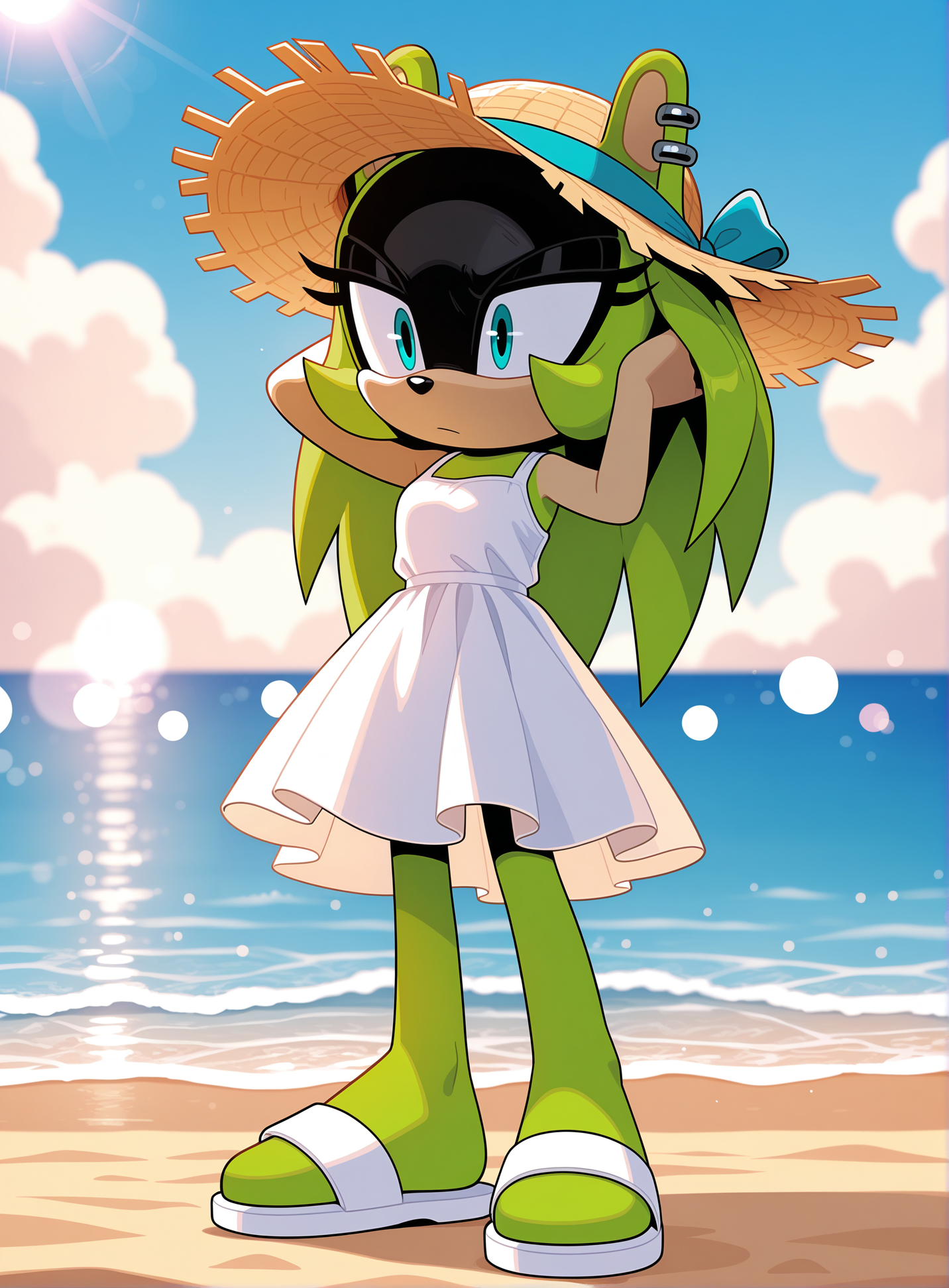 1girl, solo, full body, no humans,
<lora:Surge-the-Tenrec_v4:1> surge the tenrec, black face, aqua eyes, hair down, long hair,
straw hat, sun hat, soft features, white sundress, white sandals, no toes, blob feet,
beach, ocean, sea, sand, cloud, blue sky, romantic scene, bokeh, adjusting hair,, extremely detailed, highres, masterpiece, best quality