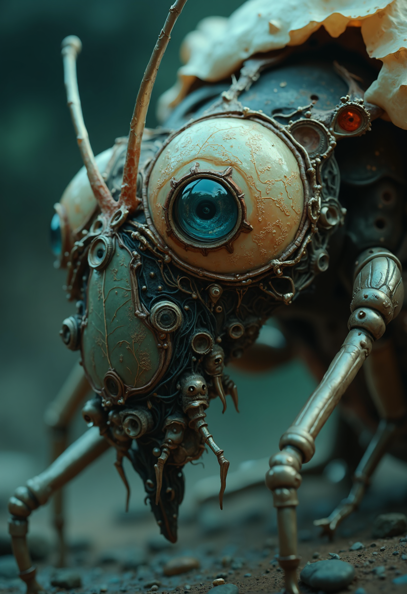 cinematic film still (microscopic photography:1.95) of an fantastical, insect-like creature with an intricate body and large, round eyes. The creature's body is composed of various materials, including what appears to be wood, metal, and fabric, which are intricately carved and arranged to resemble the texture of human skin. Its legs are long and slender, ending in sharp claws that give it a menacing appearance.
The creature's eyes are its most striking feature, with large, round pupils surrounded by intricate carvings that resemble the patterns found on human eyelids. The eyes themselves appear to be made of glass or crystal, giving them a smooth, reflective surface. The overall effect is one of eerie realism, as if the creature could come to life at any moment.
b10t4c34an, iridescent exoskeleton
 . shallow depth of field, vignette, highly detailed, high budget, bokeh, cinemascope, moody, epic, gorgeous, film grain, grainy