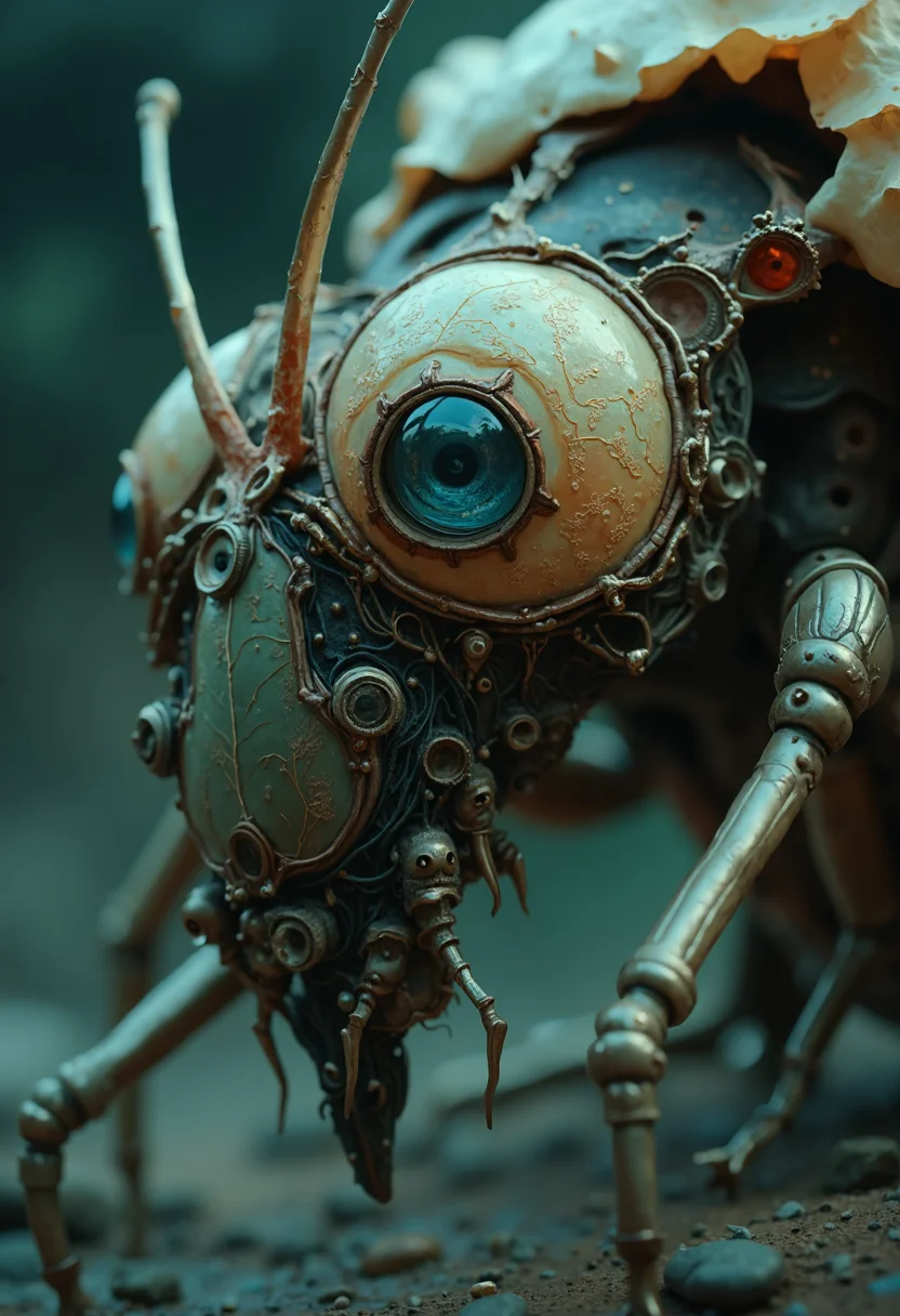 cinematic film still (microscopic photography:1.95) of an fantastical, insect-like creature with an intricate body and large, round eyes. The creature's body is composed of various materials, including what appears to be wood, metal, and fabric, which are intricately carved and arranged to resemble the texture of human skin. Its legs are long and slender, ending in sharp claws that give it a menacing appearance.
The creature's eyes are its most striking feature, with large, round pupils surrounded by intricate carvings that resemble the patterns found on human eyelids. The eyes themselves appear to be made of glass or crystal, giving them a smooth, reflective surface. The overall effect is one of eerie realism, as if the creature could come to life at any moment.
b10t4c34an, iridescent exoskeleton
. shallow depth of field, vignette, highly detailed, high budget, bokeh, cinemascope, moody, epic, gorgeous, film grain, grainy