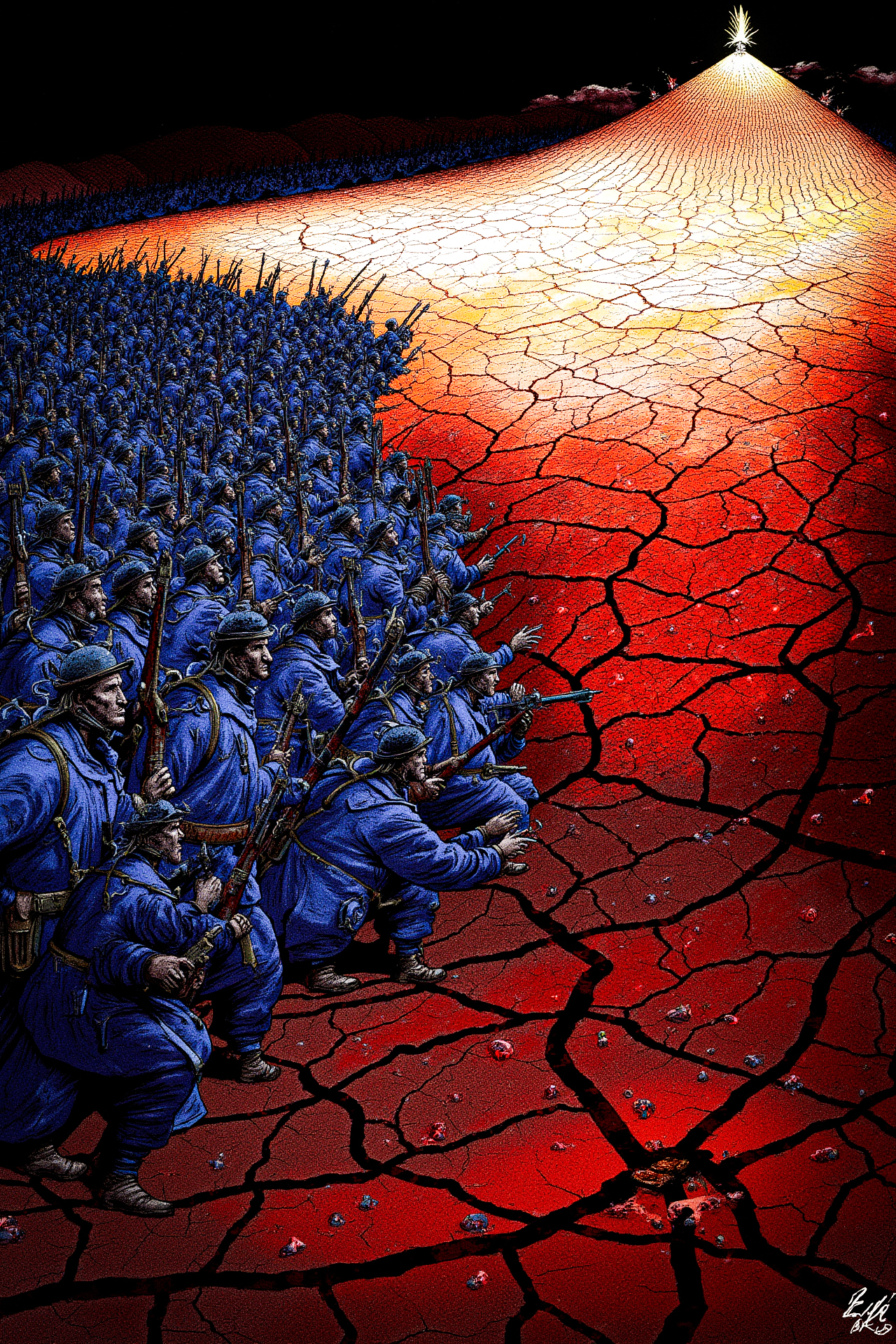 Illustration. Surreal. As the Poilus advance towards the "Ant Hill," the battlefield around them transforms into a vision of hell itself. The soldiers, their blue uniforms now darkened by the ash and soot that rains down from the sky, move as one, their helmets glinting in the dim light of distant fires. The hill rises before them, a steep and unforgiving slope that seems to pulse with a malevolent energy. The ground is cracked and scorched, with deep fissures that glow with an ominous red light, as if the very earth is bleeding. The air is heavy with the stench of burning flesh and sulfur, and the sound of distant screams echoes through the smoke-filled air. The Poilus, their faces hardened by the horrors of war, push forward with a grim determination, their rifles held tight, bayonets ready, as they ascend the hellish slope, each step bringing them closer to the heart of the inferno. <lora:metal_hurlant_v1:1.25> <lora:french_soldier_flux_v1:0.75>
