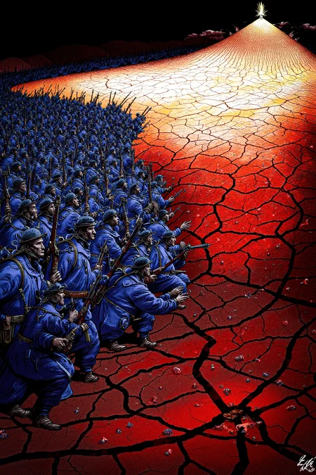 Illustration. Surreal. As the Poilus advance towards the "Ant Hill," the battlefield around them transforms into a vision of hell itself. The soldiers, their blue uniforms now darkened by the ash and soot that rains down from the sky, move as one, their helmets glinting in the dim light of distant fires. The hill rises before them, a steep and unforgiving slope that seems to pulse with a malevolent energy. The ground is cracked and scorched, with deep fissures that glow with an ominous red light, as if the very earth is bleeding. The air is heavy with the stench of burning flesh and sulfur, and the sound of distant screams echoes through the smoke-filled air. The Poilus, their faces hardened by the horrors of war, push forward with a grim determination, their rifles held tight, bayonets ready, as they ascend the hellish slope, each step bringing them closer to the heart of the inferno. <lora:metal_hurlant_v1:1.25> <lora:french_soldier_flux_v1:0.75>