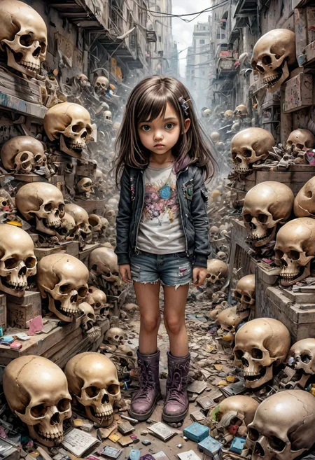 1girl,cute,horrible,scary,dark,unhappy,depressive,disturbing,weird,graffiti,standing surrounded by skulls and chaos,,chaos,kawaii,comic panel,sketch,tiny details,masterpiece,perfect craftsmanship , award-winning work, watercolor, art station trends, sharp focus, studio photos, intricate details, extremely detailed, by greg rutkowski
