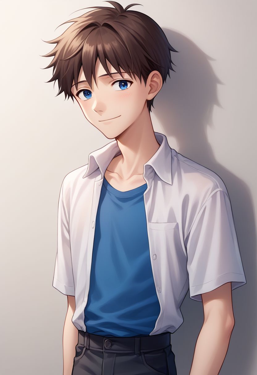 score_9, score_8_up, source_anime, highly detailed, 1boy, solo, male_focus, skinny,
shinji, 1boy, male focus, solo, blue eyes, brown hair, shirt, white shirt, collared shirt, open shirt, blue t-shirt, black pants, smile, shy,
indoor, upper body,