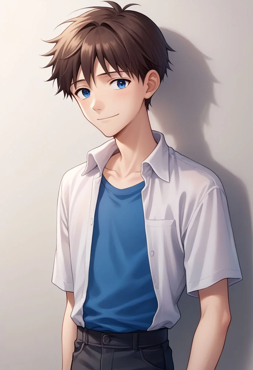 score_9, score_8_up, source_anime, highly detailed, 1boy, solo, male_focus, skinny,
shinji, 1boy, male focus, solo, blue eyes, brown hair, shirt, white shirt, collared shirt, open shirt, blue t-shirt, black pants, smile, shy,
indoor, upper body,