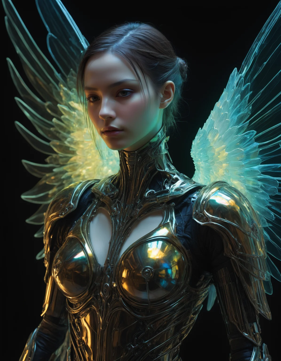 artiangel, portrait side view, (angelic, female, gothic, (glowing:1.6), armored, translucent, transparent, ghostlly, bioluminescent, imposing, ethereal, dangerous, illuminated, winged:1.5), poster art, bold lines, hyper detailed, expressive, award winning, (movie still:1.4), (professional, finest details, masterpiece, best quality:1.5), looking at viewer, highly dynamic pose, wide angle view
<lora:artiangel:0.5>