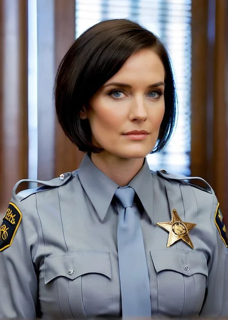 Photo of Edith Klangton wearing a bailiff uniform holding a bato in court, Texas State Flag in background, <lora:PerfectEyesXL:0.5>, (detailed beautiful face, detailed, ultra-detailed body:1.1),best quality,photo-realistic,highly detailed,absurdres,cinematic lighting,hyper-realistic,sharp focus,32k resolution,detailxl,SimplePositiveXLv2,