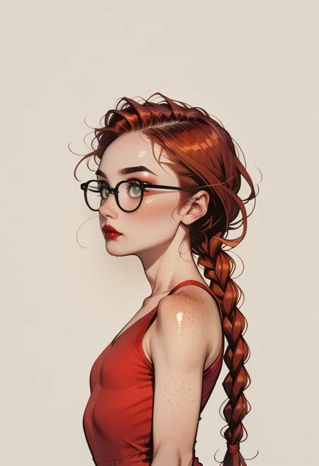 score_9, score_8_up, score_7_up, source_anime, masterpiece, 1girl, 18 years old, auburn hair, long braided hair with red ribbon intertwined, green eyes, petite, freckles, freckled shoulders, heavily freckled face, gorgeous, stunningly beautiful, skinny body, small, short, glasses, tiny nose, tiny body, cute, sexy, delicate nose, high cheek bones, round face, very small breasts, small ass, blush, dark eyeshadow, dark eyeliner, makeup, red lips, narrow waist, red painted nails, b4ll3rina, shiny leotard, stretching