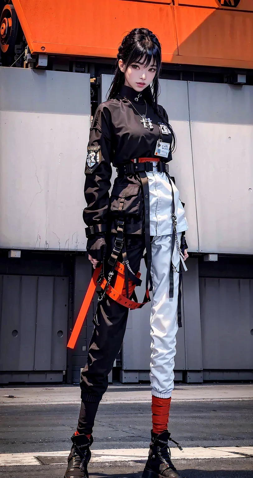 (original: 1.2), (far shot), (realistic: 1.3) (mixed Korean), masterpiece, best quality, beautiful clean face, fullbody, 1girl, teenager, wearing black techwear jacket and orange trousers with buckle and tape, (crystal necklace), posing for a picture, (red braided bun), long legs, big happy warm smile, on the street <lora:urbansamuraiv3testing:0.8>  ulzzang-6500-v1.1 <lora:koreanDollLikeness_v15:0.2>
