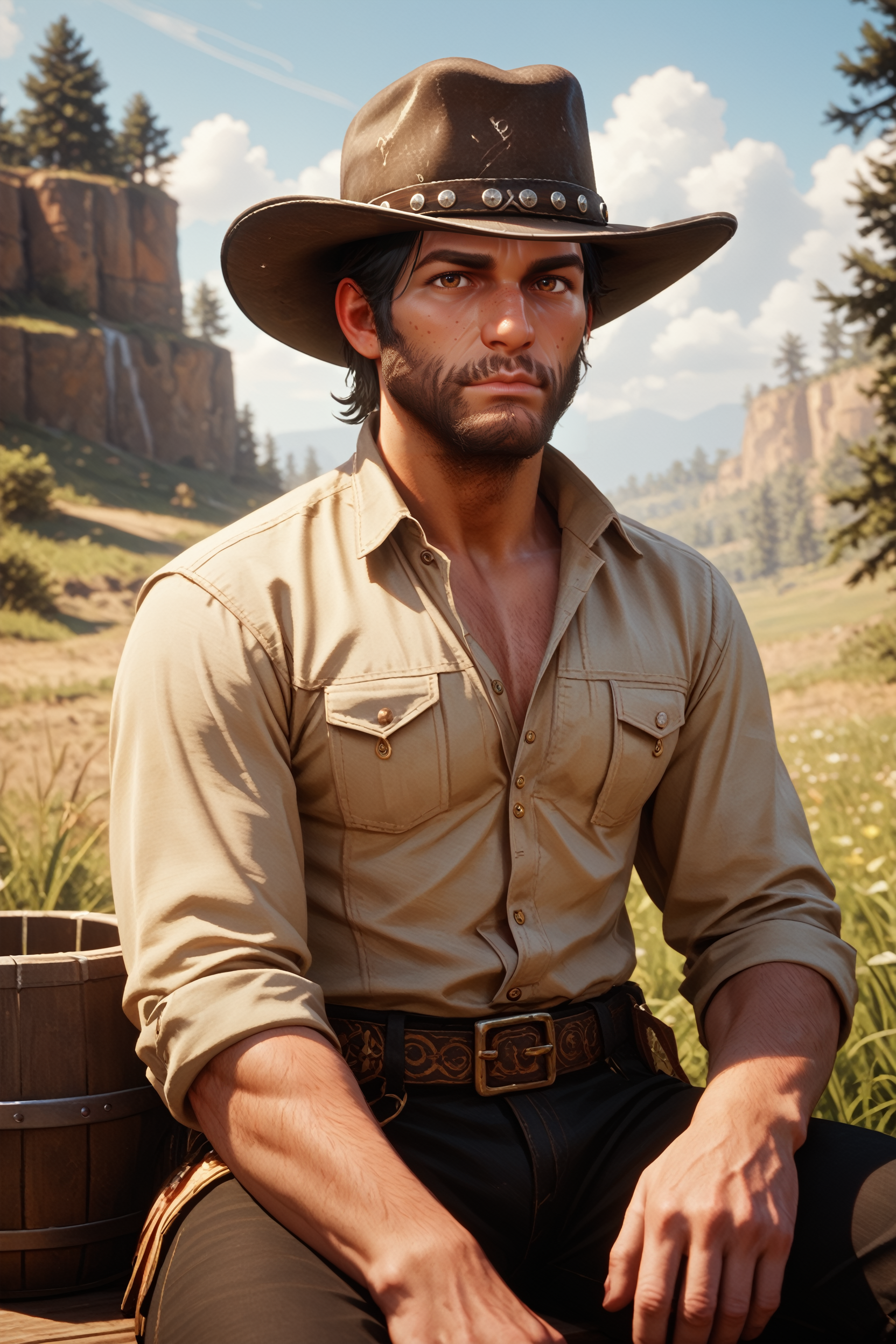 score_9, score_8_up, score_7_up,
<lora:RDR2John:0.8>
RDR2John, 1boy, black hair, brown eyes, facial hair, cowboy hat, sitting
