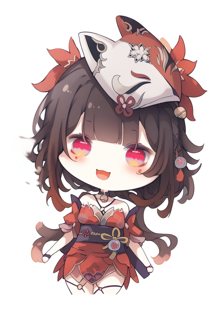 score_9, score_8_up, score_7_up,source_anime,anatomically correct,best perspective BREAK
<lora:BeniShake chibistyle:1> benishake chibistyle,  chibi, happy, open mouth, 1girl, solo, 
 <lora:sparkle_pony:1> sparkle_\(honkai:_star_rail\), fox_mask, bare_shoulders, red_dress, mask_on_head, neck_bell, black_choker, absurdres, criss-cross_halter, black_gloves