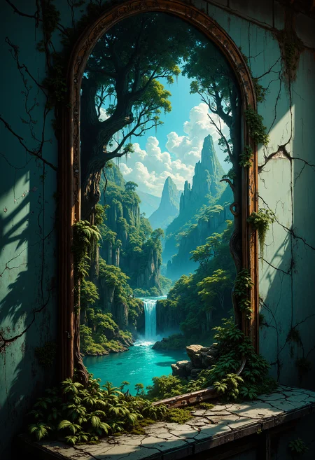 A shattered mirror hanging on an old, cracked wall. Through the broken fragments of the mirror, a vibrant paradise is reflected, showing lush green trees, bright blue skies, and a cascading waterfall in the distance. The contrast between the decaying room and the serene, colorful paradise creates a surreal and dreamlike atmosphere. The lighting inside the room is dim and gloomy, while the paradise in the reflection glows with warm, natural light.  <lora:FluxDFaeTasticDetails:0.8>  <lora:aidmaImageUpgrader-FLUX-V0.1:0.33> detailmaximizer,  <lora:artilands:0.49>