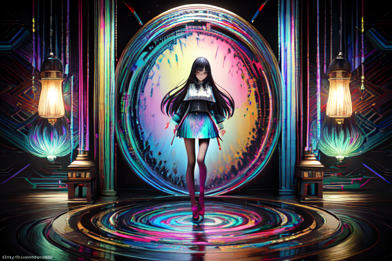 highly insanely detailed, masterpiece, top quality, best quality, highres, 4k, 8k, RAW photo, (very aesthetic, beautiful and aesthetic),  
(code_style,codestyle),(sympattern,geometric pattern:1.4),doodle pattern,geometric pattern wallpaper,symbolic patterns, 
<lora:CodeStyle (half generic class)_564920:0.5>, 
(1girl:1.3), 1other, 
Capsule hotel,indoors,scenery,hallway,light,glasses,a colorful background,(colored mosaic background,EPtiedyeworld,tie-dye color background),âââ