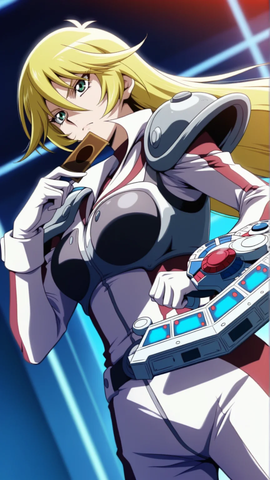 source_anime, general, best quality, masterpiece, 1girl, <lora:sherry_leblanc_ill_v1.1:1>sherry_leblanc\(yu-gi-oh!\),green eyes,blonde hair, hair between eyes, long hair,white pilot suit, shoulder armor ,cowboy shot, dynamic pose, dutch angle, serious, duel disk, holding card,