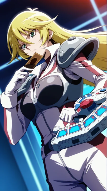 source_anime, general, best quality, masterpiece, 1girl, <lora:sherry_leblanc_ill_v1.1:1>sherry_leblanc\(yu-gi-oh!\),green eyes,blonde hair, hair between eyes, long hair,white pilot suit, shoulder armor ,cowboy shot, dynamic pose, dutch angle, serious, duel disk, holding card,
