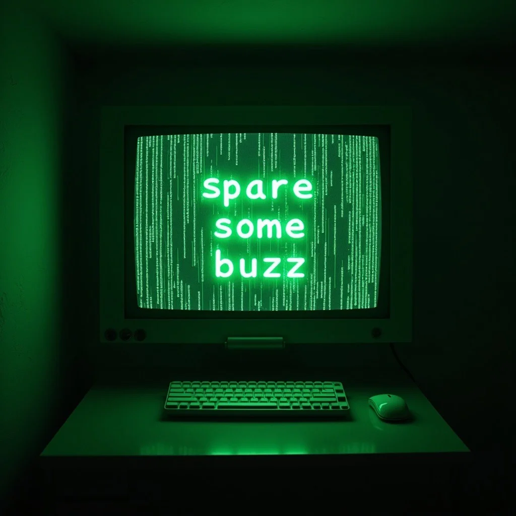 The screen in a futuristic basement, that might be a hideout of some undercover operations. On the screen there are green letters and signs falling from top to bottom, indicating that the computer is connected to The Matrix. Some of the laters group in the middle of the screen formulating text "spare some buzz"