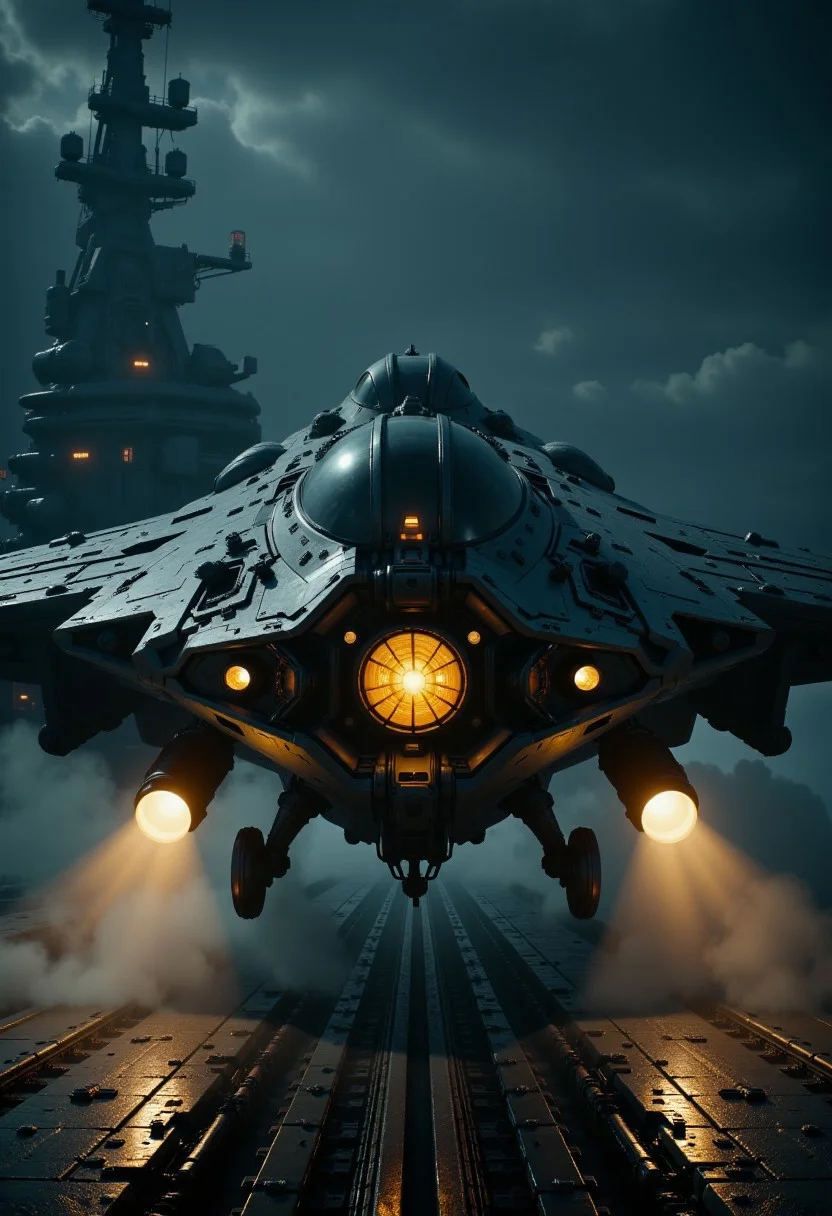 in the style of cksx, ckspaceship, silhouette art, chiascuro, a futuristic, highly advanced fighter plane taking off from an aircraft carrier at night. The plane is made of a dark gunmetal alloy with rivets, bolts, glowing LEDs and diodes, and has large guns mounted on the exterior; the cockpit shows glowing led lights, and has a large air intake