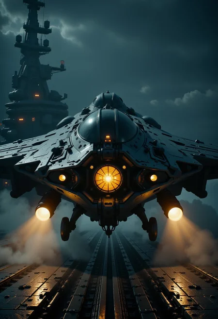 in the style of cksx, ckspaceship, silhouette art, chiascuro, a futuristic, highly advanced fighter plane taking off from an aircraft carrier at night. The plane is made of a dark gunmetal alloy with rivets, bolts, glowing LEDs and diodes, and has large guns mounted on the exterior; the cockpit shows glowing led lights, and has a large air intake