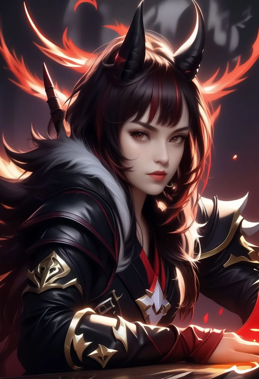 A horned female teen rogue wearing ((leather armor)), black suit, oni girl with wolf-ears, dangerous Kemonomimi waif, brunette assassin, tiefling thief, black hair, three small horns, [onii (Shuna, Hakurou) horns], tri-horns on forhead (masterpiece:1.5), (best quality), (disharmonic + ugly + unaesthetic:1.5)