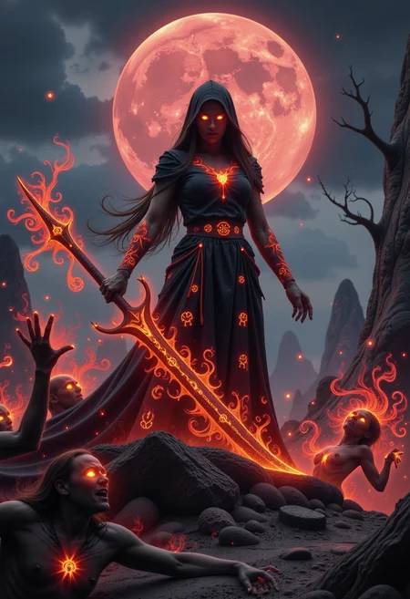 Fantasy themed epic grimdark illustration of an ethereal witch with a haunting presence, standing atop a crumbling stone altar in a desolate ruinscape. She is draped in tattered robes covered in arcane symbols that shimmer with an otherworldly glow, her face obscured by the hood, revealing only glowing, malevolent eyes. In one hand, she wields a massive, serrated greatsword burning with the fires of hell enveloped by an infernal aura that emits a sinister red light. Surrounding the witch are swirling shadows of tormented souls, their anguished faces barely visible through the dark mist that permeates the scene like a miasma. The ground is littered with ancient runes and sigils, glowing faintly in the dim light. In the background, twisted trees with gnarled branches reach out like skeletal hands, and a red-pink moon looms ominously in the sky, casting an eerie glow over the battlefield. The atmosphere is thick with tension, as if the very air is charged with dark magic, creating a dynamic and dramatic depiction of a powerful figure commanding the forces of darkness in a nightmarish realm. Highly detailed masterpiece, 4k <lora:flux_Fire_Fractals_FLUX>