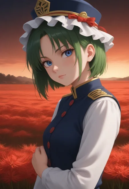 1girl, solo, solo focus, highres, absurdres, shikieiki, green hair, frilled hat, blue eyes, blue headwear, short hair,
long sleeves, black skirt, white shirt, blue vest, red ribbon, epaulettes, small breasts, arm ribbon, buttons, 
looking at viewer, head tilt, from side, 
red spider lily, flower field, night sky, red sky, dark, red theme,