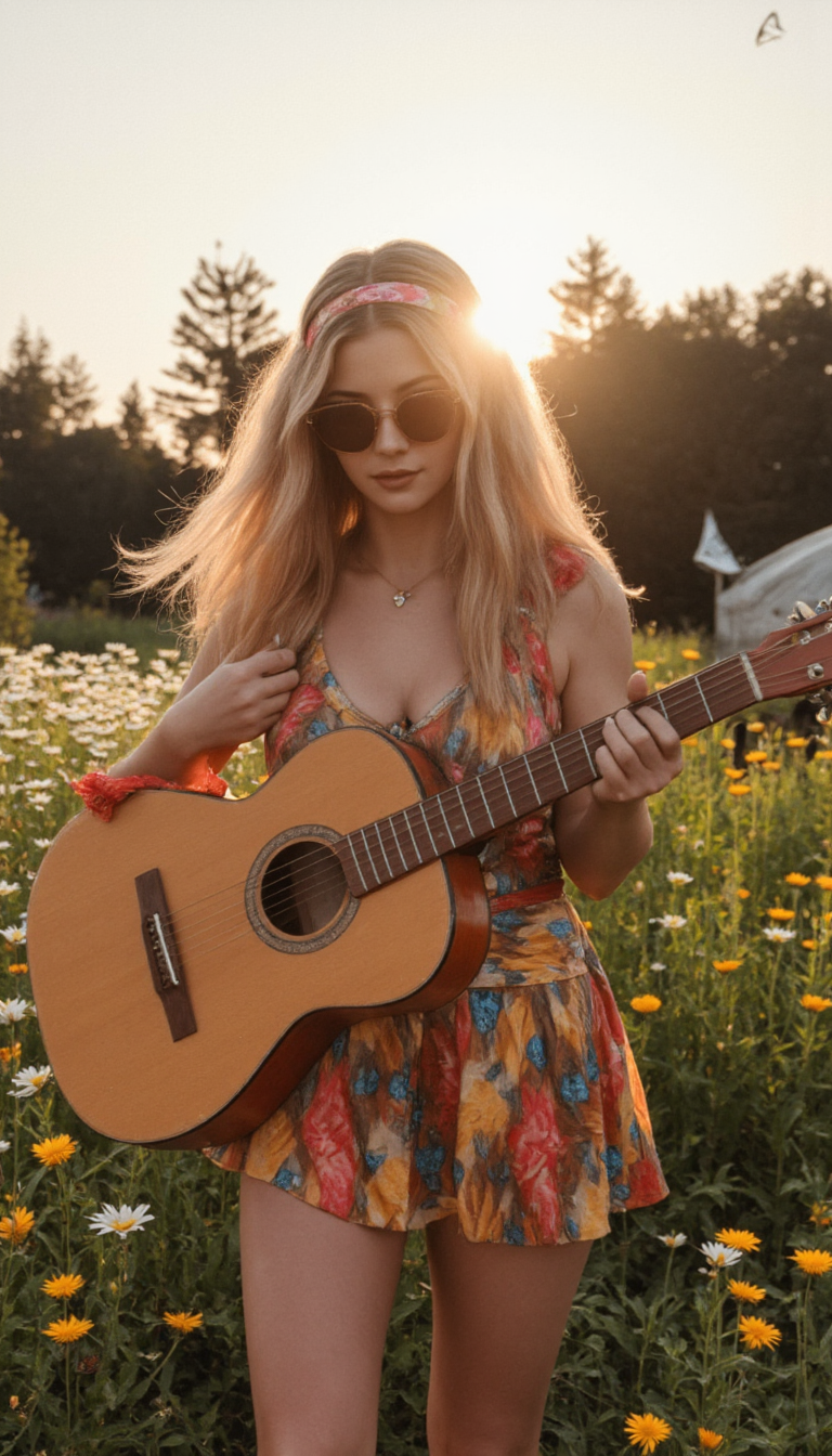 Generate a photorealistic image of a 1960s hippie girl taken with a camera made in that era. 

She has long, flowing rose gold hair with A delicate headband adorned with a single, long feather that gracefully trails down her back. The feather is soft and airy, with subtle hints of Burnt Orange shimmering within.. 

She wears a cotton mini skirt with flaming colors and fascinating patterns. She is wearing a peace sign necklace.She is wearing round sunglasses with brightly colored lenses.

She is playing an acoustic guitar, surrounded by daisies and butterflies. The sun is setting behind her, casting a warm glow on the scene.

She has realistic skin that is not flawless. She has Glowing ruby eyes. She has a fleshy nose. She has a fleshy chin. She has a humongous Slender breasts. She has natural unshaven body hair.  She has not recently showered, her skin may be a little bit dirty. She wears little make-up except for her lip gloss.  She has unpainted fingernails