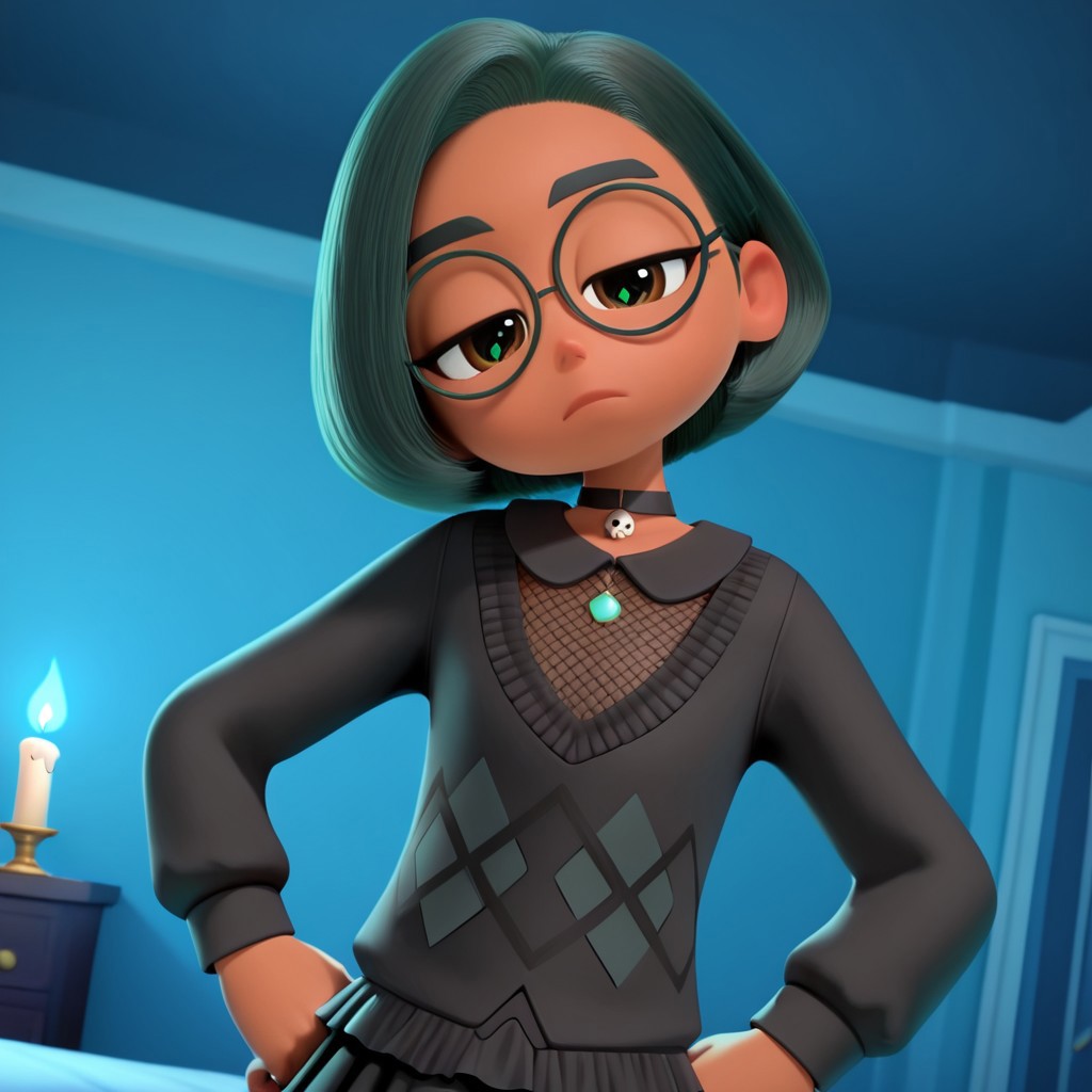 Green_Leaf, 1girl, solo,Goth girl, tan skin, brown_eyes, short hair, bobbed hair, Gothic round glasses, black  eyeshadow, black makeup, black_hair, Choker, black leather corset top, Mesh shirt, black long-sleeve Top, black ruffle Skirt, black knee-high Boots, (Bored,dutch angle, Hands on hips,naughty pose, looking at viewer, indoors, Dark room, candle, blue light, skull, dynamic pose, upper body, head tilt,),