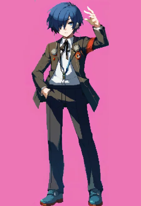 score_9, score_8_up, score_7_up, source_anime, BREAK, solo, 1boy, <lora:Dengeki_Bunko-pdxl_Fp:1>, simple background, full body, standing, <lora:MakotoP3-pdxl_Fp:1>, makotop3, school uniform, gekkoukan high school uniform, headphones, blue hair, blue eyes, short short hair, black jacket, black pants, hair over one eye, hand in pocket, looking at viewer, blue footwear, ribbon,