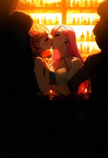 score_9, score_8_up, score_7_up, score_6_up, very aesthetic, masterpiece, best quality, highres, absurdres, cinematic lighting, dynamic angle, detailed, intricate details, perfection,
BREAK,
(2 girls kissing), french kiss, 24yo, beautiful face, full lips, long colored hair, makeup, eyeliner, mascara, medium breasts,
BREAK,
short skirt, crop top, 
in a crowded bar, people in the background,