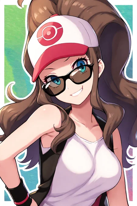 masterpiece, best quality, absurdres, medium breasts, (curvy), cute, eyelashes, vivid colors, BREAK, (sunglasses:1), smug, sirmont, zzHilda, long hair, high ponytail, sidelocks, hat, collarbone, white shirt, black vest, sleeveless, wristband, BREAK, smile, looking at viewer, upper body, head tilt, narrow waist, abstract background, white outline, <lora:HildaPokemonIXL_e08:1.0>,