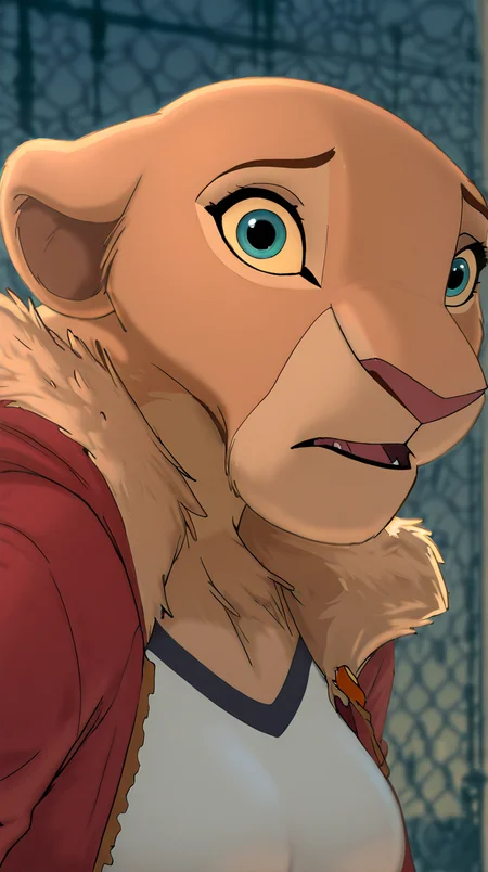 nala, furry female anthro, lioness, portrait, close-up, (hoodie:1.2), fur trim, solo, (body fur:1.2), (best quality), (detailed urban background:1.2), dramatic lighting, (detailed fluffy fur:1.1), looking at viewer, medium breasts, white undershirt, (sexy:1.4), the lion king, (Scared,:1.3)
<lora:Lioness_Like_Lions_ill_FINAL_FINAL2:1>,âââ
