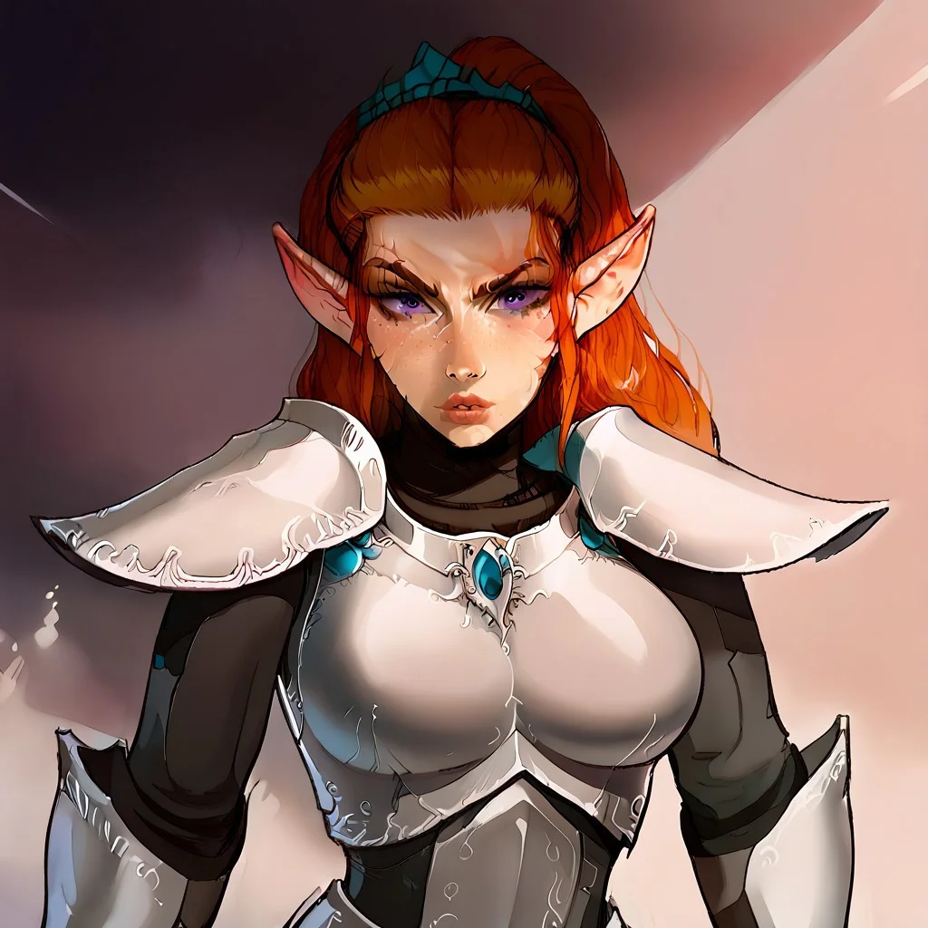 A highly detail character portrait, of a young woman, with long two tone hair, dark green and yellow hair, long pointed ears, huge heavy breasts, glowing purple eyes, scar face, facial scars, deep scars, strong, beautiful face, Japanese face, freckles, fit, with red blue trim, looking at viewer, Eldar, blue and brown armor, dynamic pose