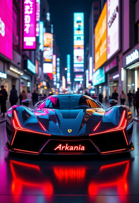 Front-facing view of a futuristic Ferrari cyberpunk concept car, bold angular carbon fiber body with glowing red accents, illuminated Ferrari emblem on the hood, sleek aerodynamic curves, massive rear spoiler visible from the front perspective, digital license plate centered and glowing with the word “Arkania” in futuristic typography, dry neon-lit street reflecting vivid pink, cyan, and gold lights, holographic billboards and LED skyscrapers rise in the background, pedestrians in cyberpunk outfits on sidewalks, cinematic symmetry, dramatic lighting, sharp reflections on the chassis, ultra-detailed, hyperreal, masterpiece, Blade Runner aesthetic, electric urban energy